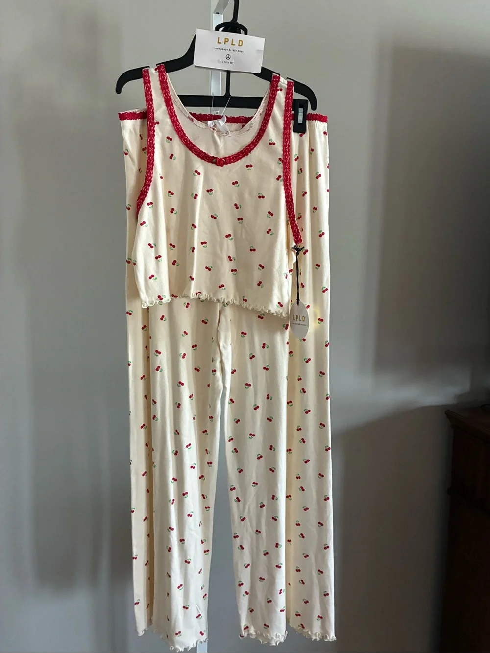 LPLD Cream Cherry-Print Women’s Pajama Set with Red Trim